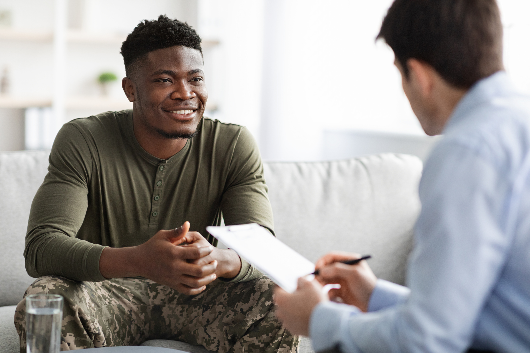 Military veteran in a therapy session with a mental health counselor